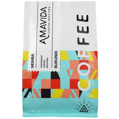 A 12 oz bag of Amavida Coffee Roasters full of an exceptional Burundi Kayanza coffee from the Nemba washing station.
