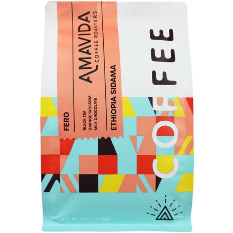 12 oz bag of Organic Ethiopian Coffee from Fero Cooperative by Amavida Coffee Roasters features notes of orange blossom, hibiscus and jasmine.