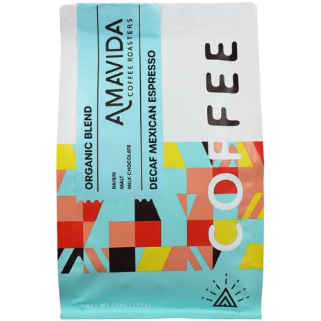 Amavida Coffee Roasters 12 oz bag of Organic Mexican Decaf Espresso.